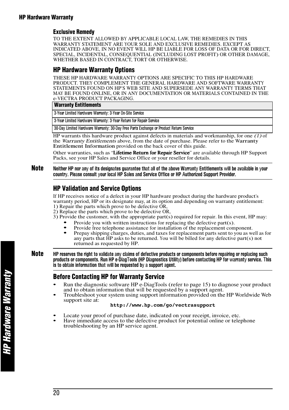 Hp h ar dw ar e w ar ra nt y | HP e-Vectra User Manual | Page 20 / 30