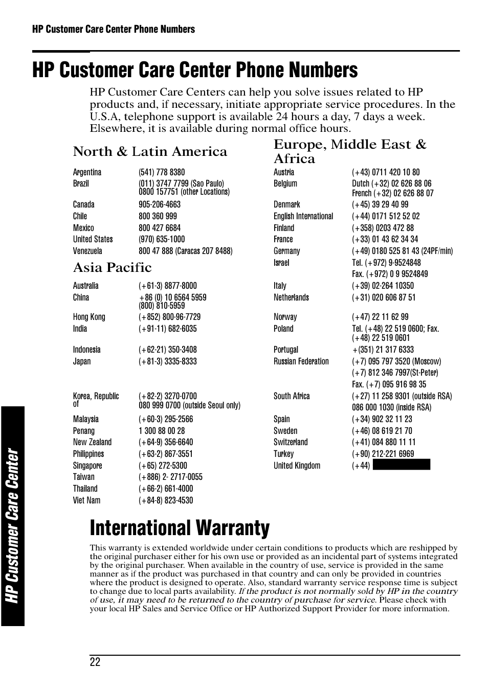 Hp customer care center phone numbers, International warranty, Hp c us to m er c ar e ce nt er | North & latin america europe, middle east & africa, Asia pacific | HP e-Vectra User Manual | Page 22 / 30