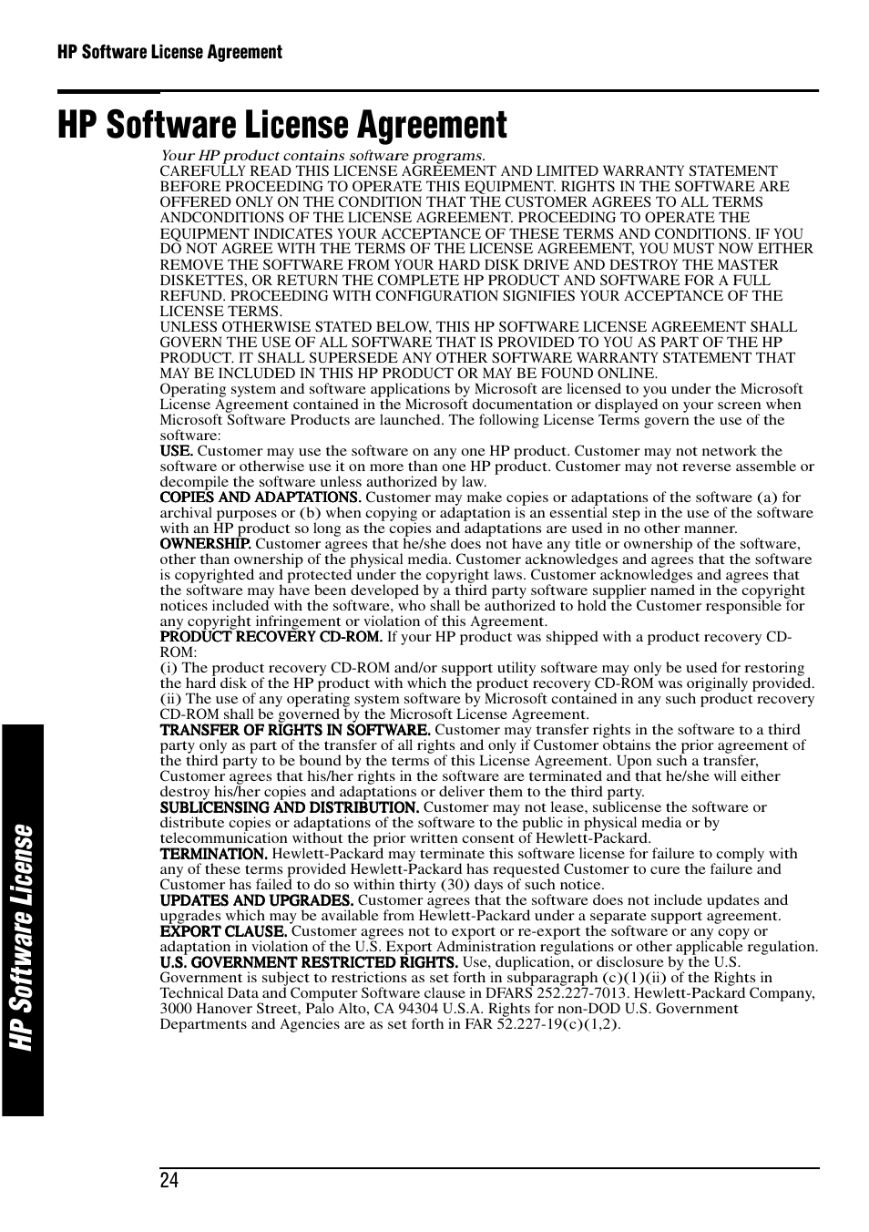 Hp s of tw ar e li ce ns e, Hp software license agreement | HP e-Vectra User Manual | Page 24 / 30