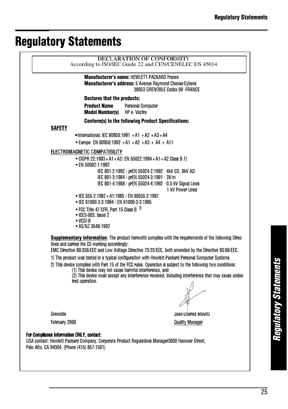 Regulatory statements, Re gu la to ry s ta te m en ts | HP e-Vectra User Manual | Page 25 / 30