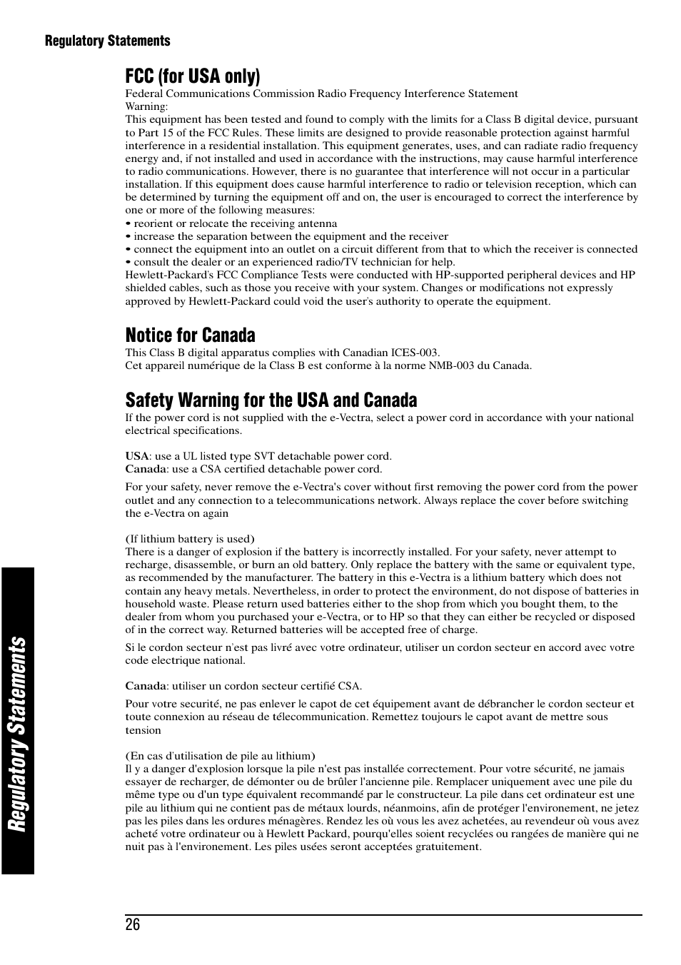 Re gu la to ry s ta te m en ts, Fcc (for usa only), Notice for canada | Safety warning for the usa and canada | HP e-Vectra User Manual | Page 26 / 30