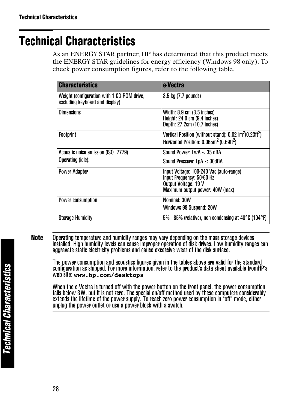 Technical characteristics, Te ch ni ca l c ha ra ct er is tic s | HP e-Vectra User Manual | Page 28 / 30