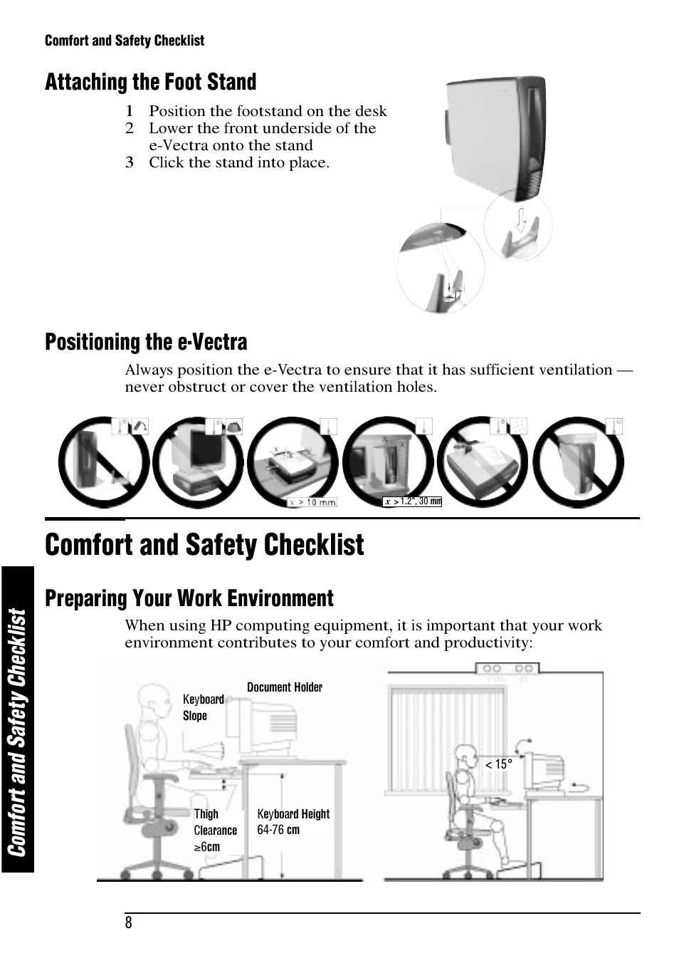 Comfort and safety checklist, Co m fo rt a nd s af et y ch ec kl is t, Attaching the foot stand | Positioning the e-vectra, Preparing your work environment | HP e-Vectra User Manual | Page 8 / 30