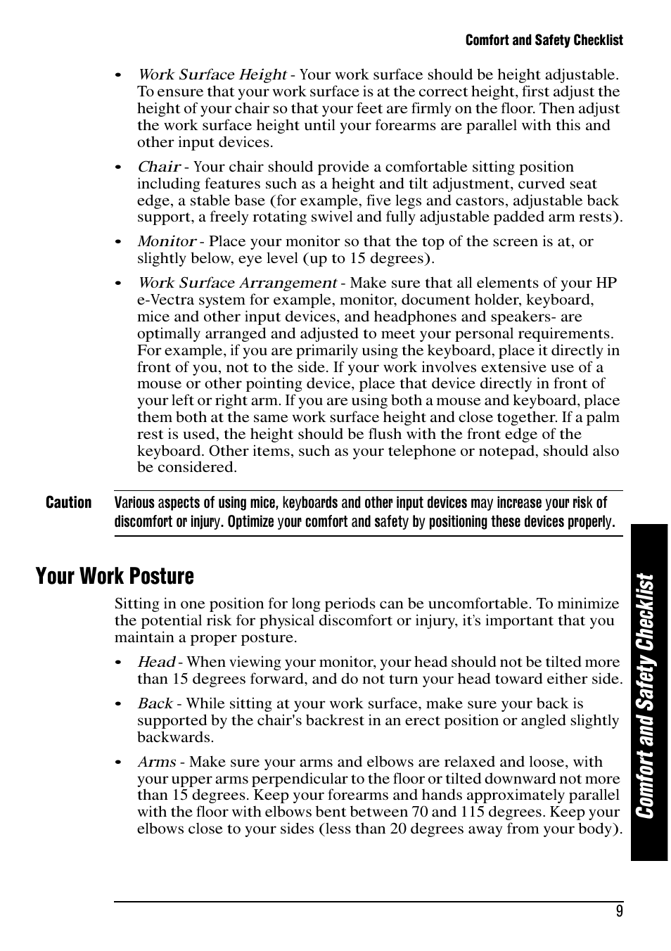 Co m fo rt a nd s af et y ch ec kl is t, Your work posture | HP e-Vectra User Manual | Page 9 / 30