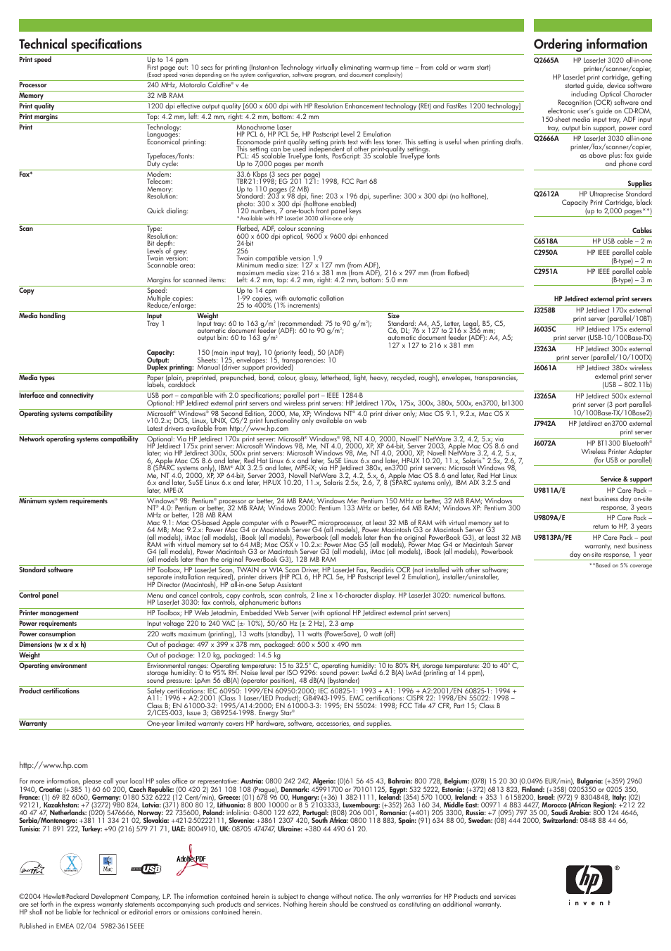 Technical specifications, Ordering information | HP 3020 User Manual | Page 2 / 2