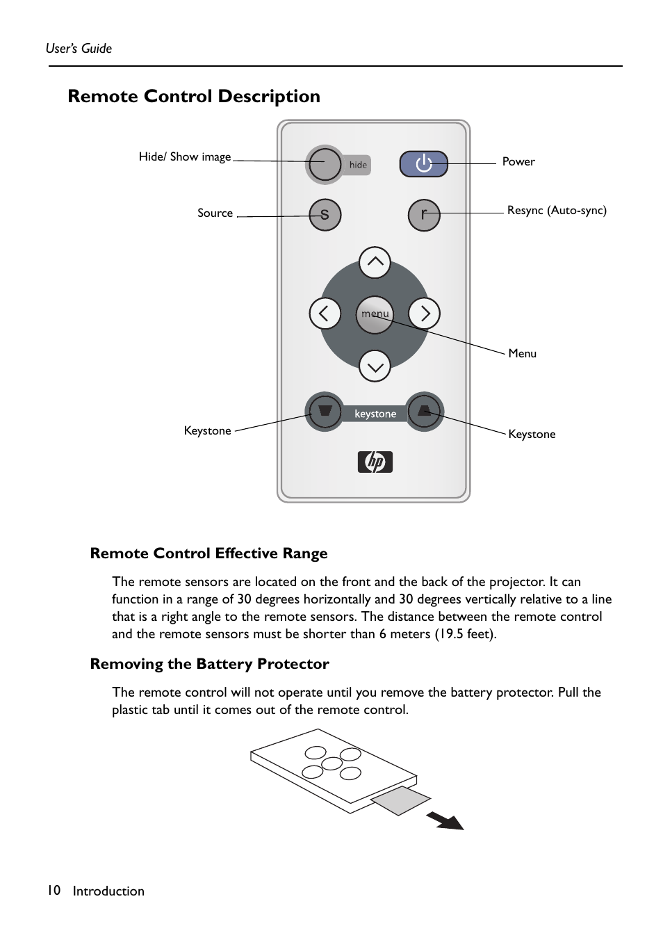 Remote control description, Remote control effective range, Removing the battery protector | HP Digital VP6121 User Manual | Page 10 / 35