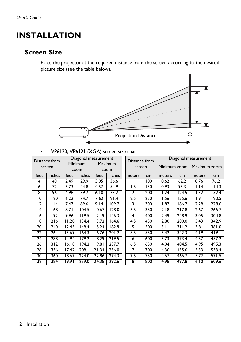 Installation, Screen size | HP Digital VP6121 User Manual | Page 12 / 35