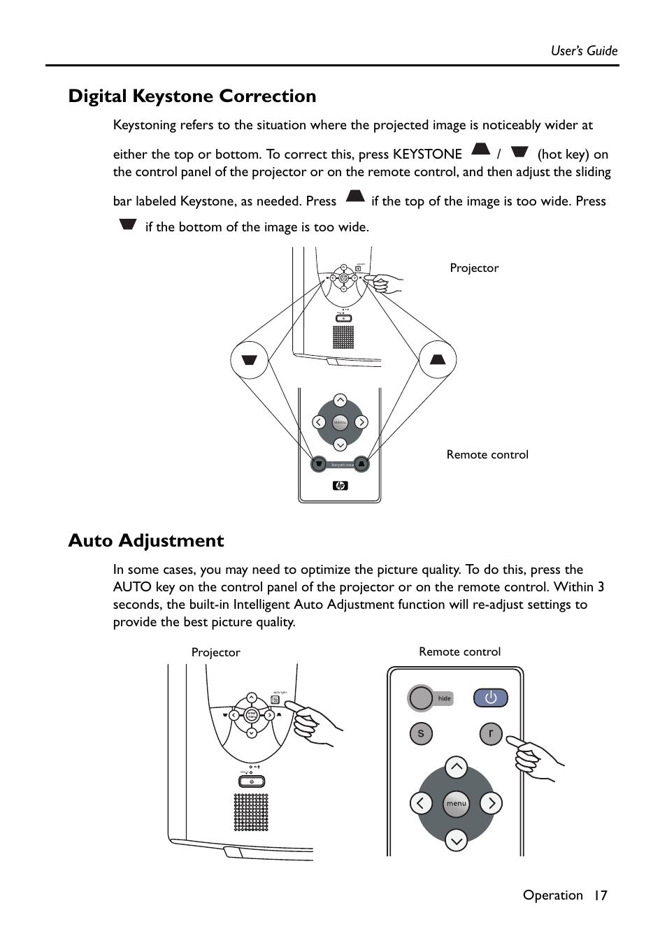 Digital keystone correction, Auto adjustment | HP Digital VP6121 User Manual | Page 17 / 35