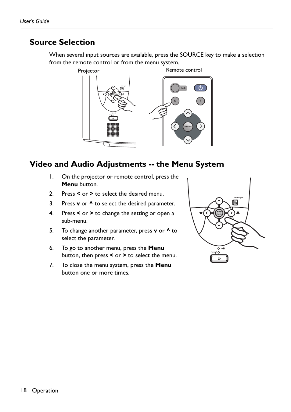 Source selection, Video and audio adjustments -- the menu system | HP Digital VP6121 User Manual | Page 18 / 35