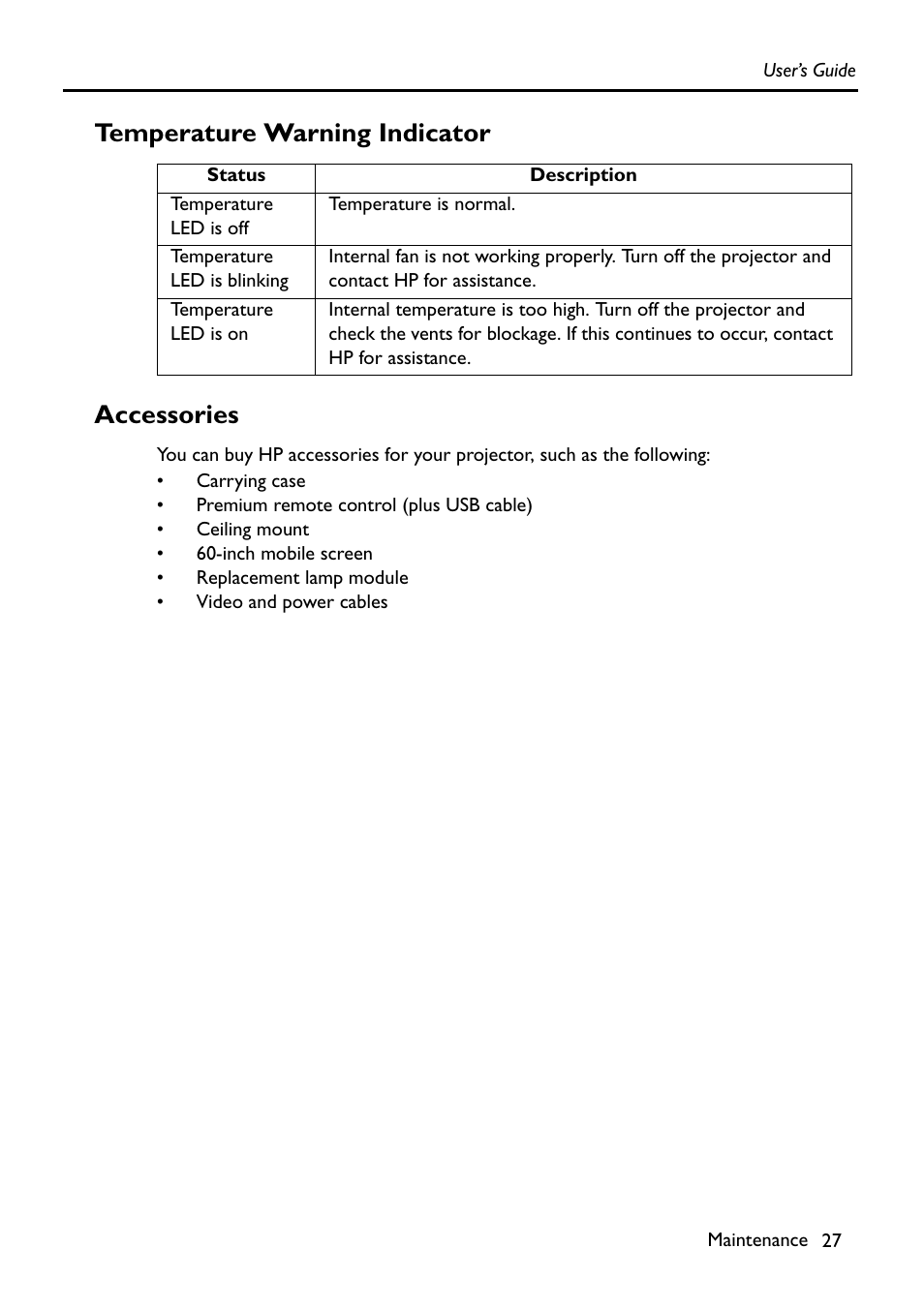 Temperature warning indicator, Accessories, Temperature warning indicator accessories | HP Digital VP6121 User Manual | Page 27 / 35