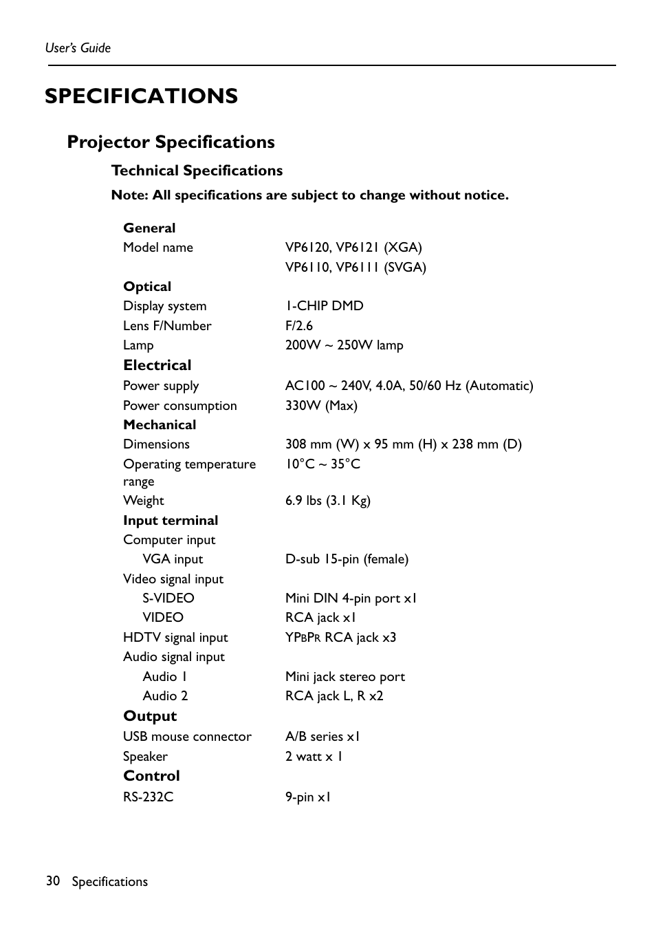 Specifications, Projector specifications | HP Digital VP6121 User Manual | Page 30 / 35