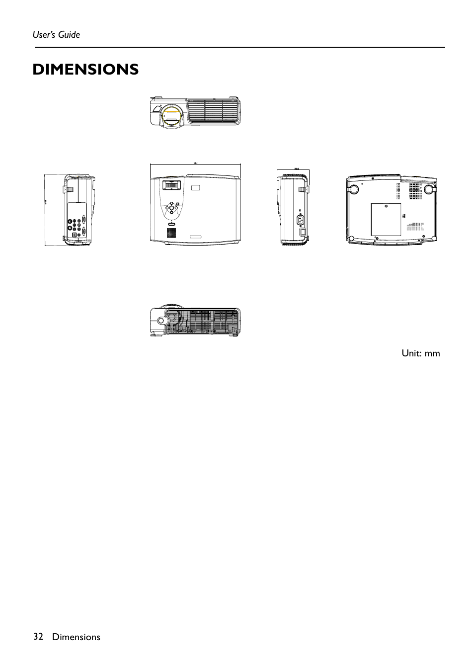 Dimensions, Dimensions 32 user’s guide, Unit: mm | HP Digital VP6121 User Manual | Page 32 / 35