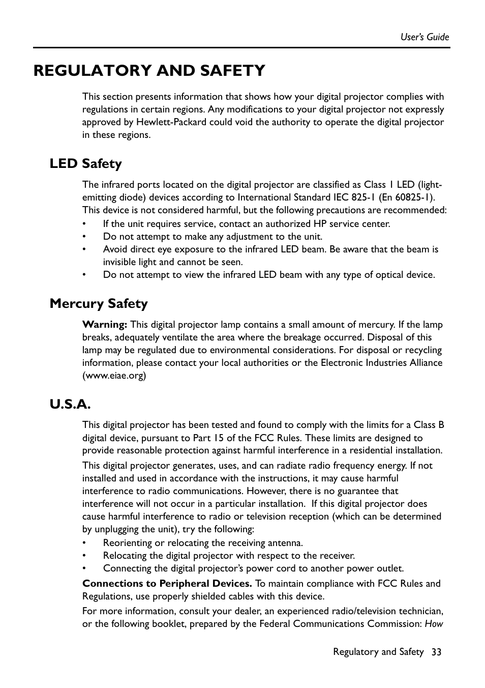 Regulatory and safety, Led safety, Mercury safety | U.s.a | HP Digital VP6121 User Manual | Page 33 / 35