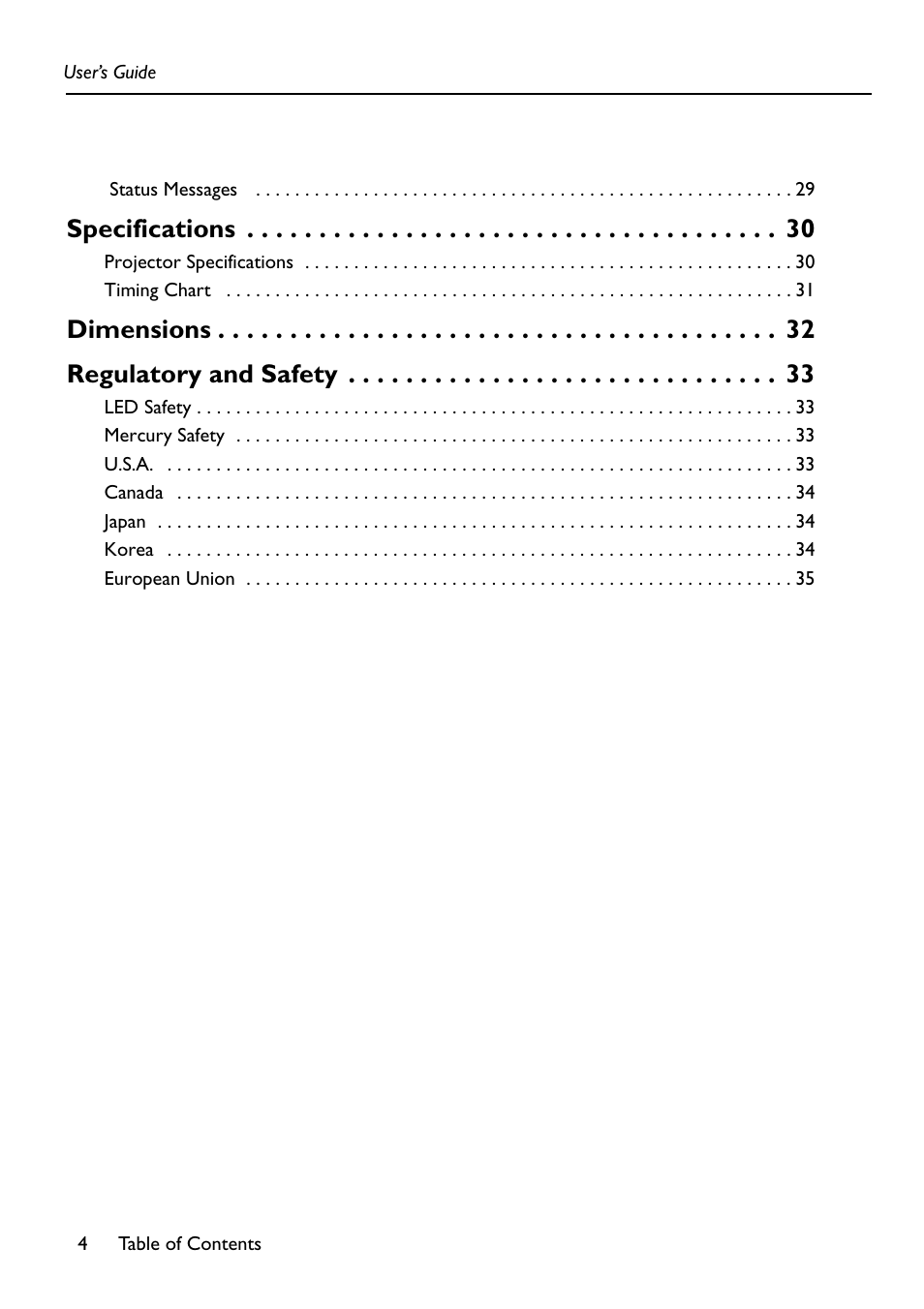 Specifications, Dimensions regulatory and safety | HP Digital VP6121 User Manual | Page 4 / 35