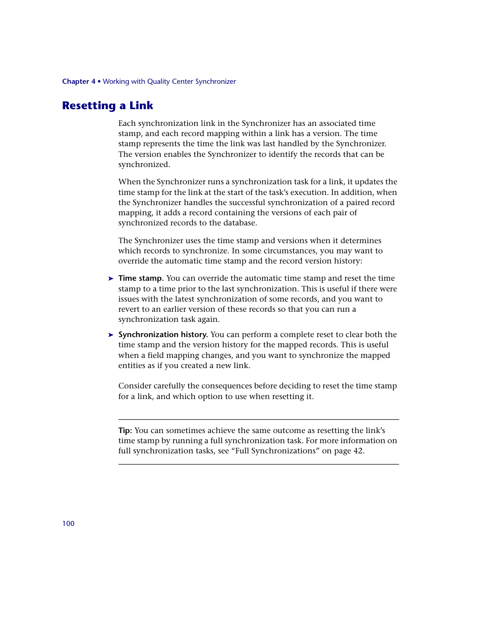 Resetting a link | HP Quality Center Synchronizer 1.2 User Manual | Page 100 / 130