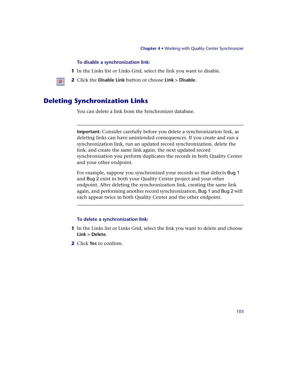 Deleting synchronization links | HP Quality Center Synchronizer 1.2 User Manual | Page 103 / 130