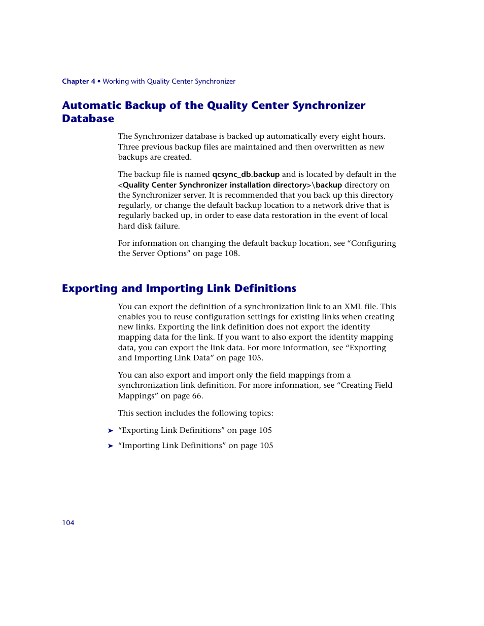 Exporting and importing link definitions | HP Quality Center Synchronizer 1.2 User Manual | Page 104 / 130