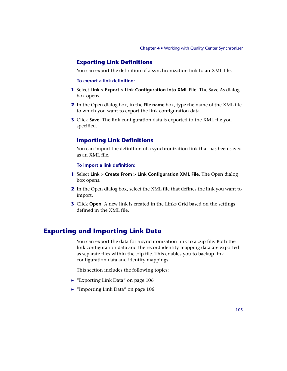 Exporting link definitions, Importing link definitions, Exporting and importing link data | HP Quality Center Synchronizer 1.2 User Manual | Page 105 / 130