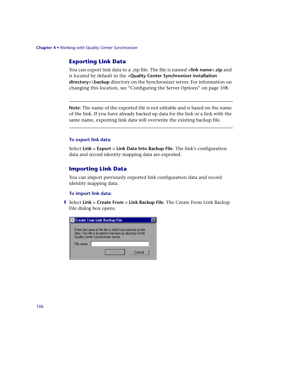 Exporting link data, Importing link data | HP Quality Center Synchronizer 1.2 User Manual | Page 106 / 130