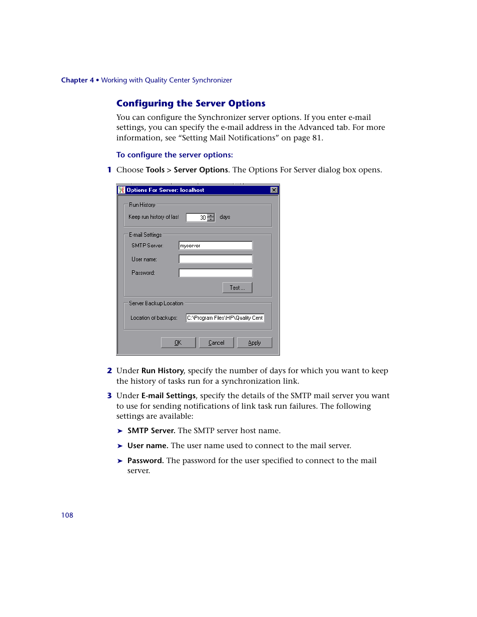 Configuring the server options | HP Quality Center Synchronizer 1.2 User Manual | Page 108 / 130