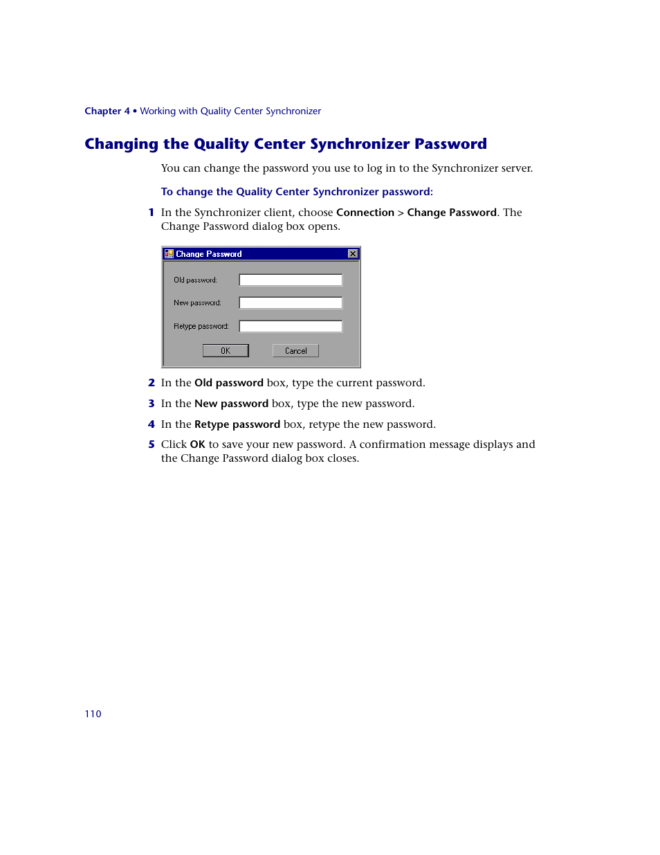Changing the quality center synchronizer password | HP Quality Center Synchronizer 1.2 User Manual | Page 110 / 130