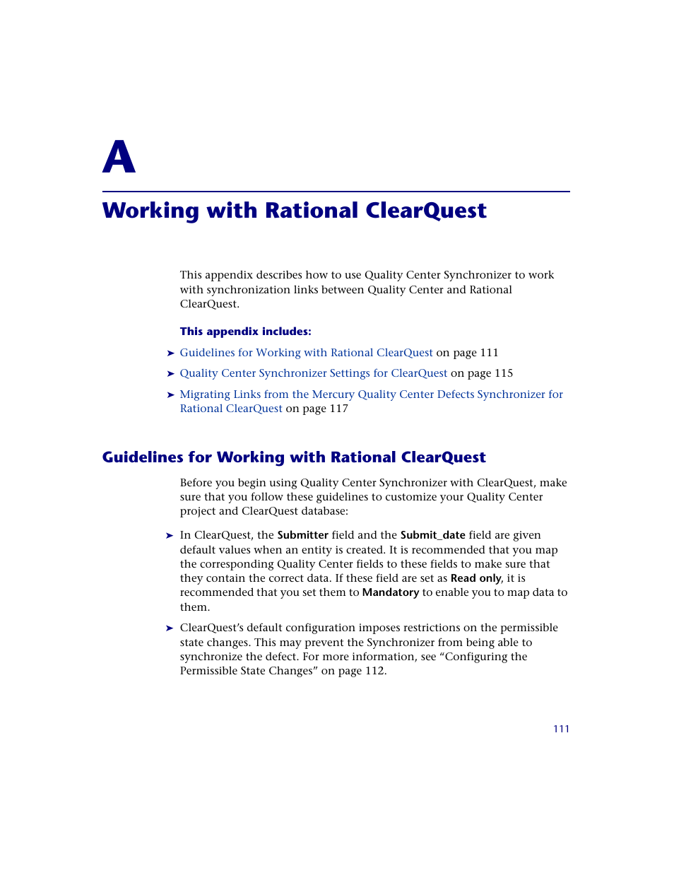 Working with rational clearquest, Guidelines for working with rational clearquest, Appendix a: working with rational clearquest | HP Quality Center Synchronizer 1.2 User Manual | Page 111 / 130