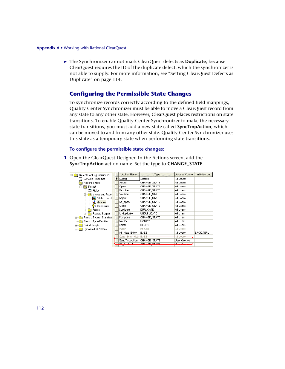 Configuring the permissible state changes | HP Quality Center Synchronizer 1.2 User Manual | Page 112 / 130