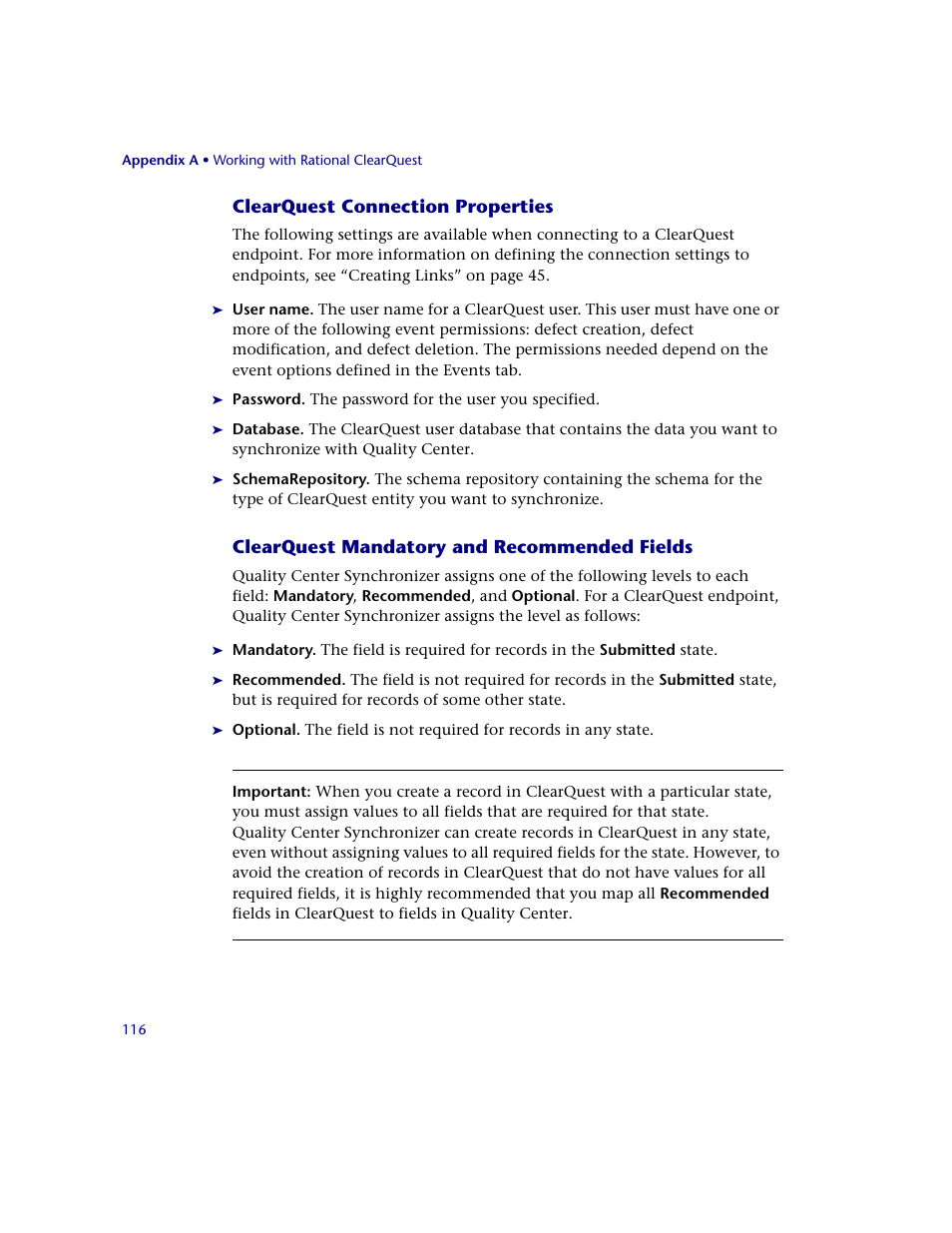 Clearquest connection properties, Clearquest mandatory and recommended fields | HP Quality Center Synchronizer 1.2 User Manual | Page 116 / 130