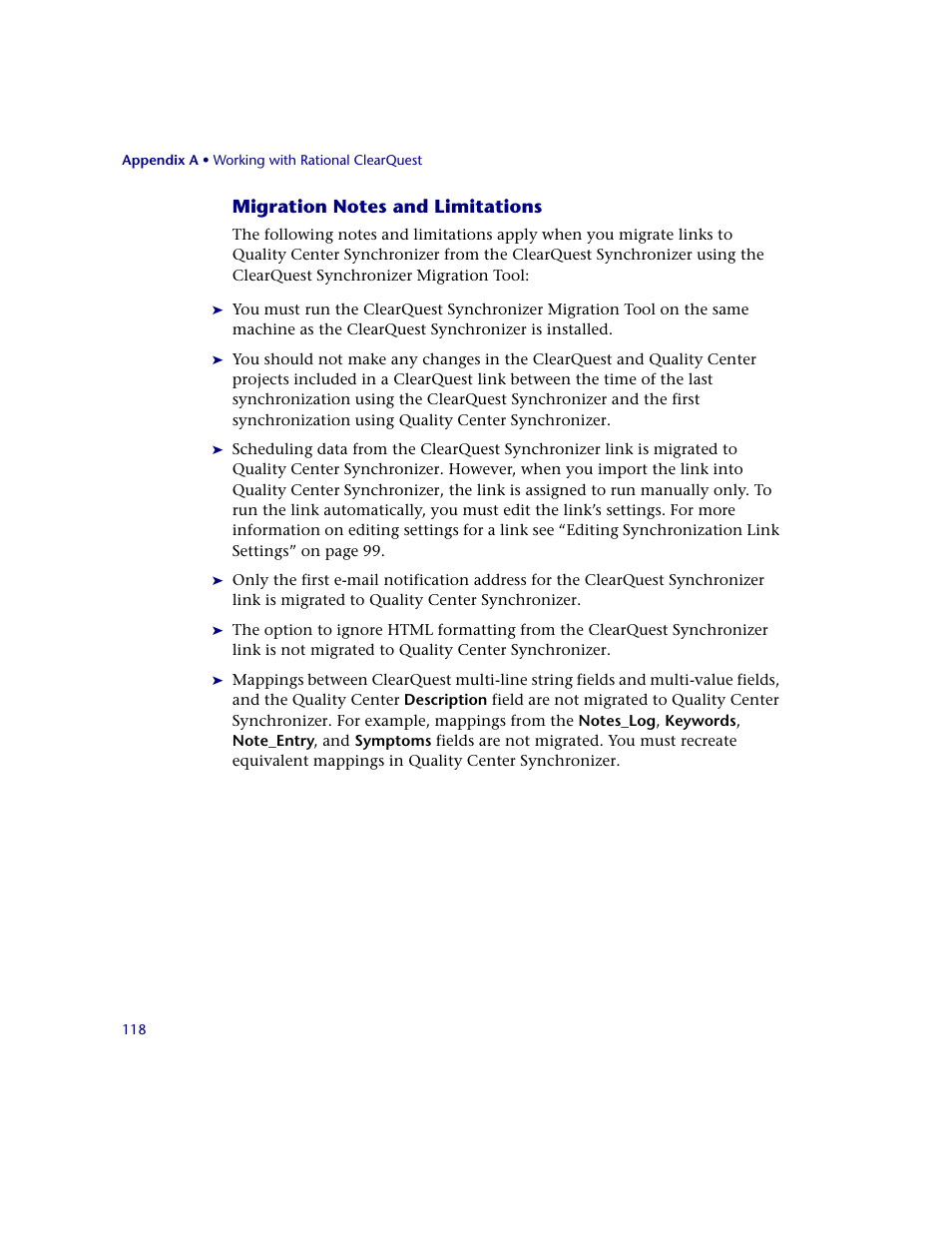 Migration notes and limitations | HP Quality Center Synchronizer 1.2 User Manual | Page 118 / 130