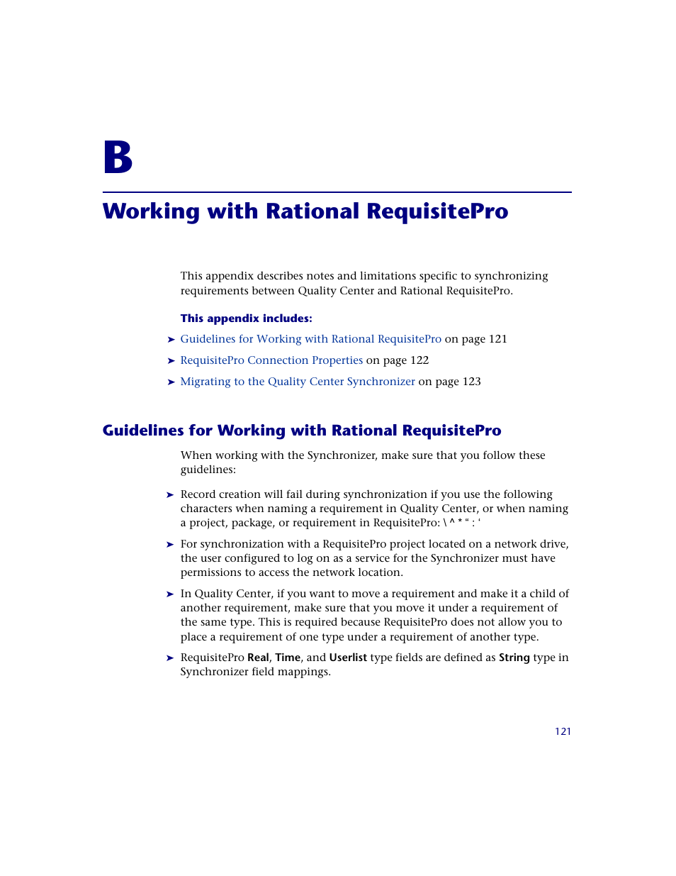 Working with rational requisitepro, Guidelines for working with rational requisitepro, Appendix b: working with rational requisitepro | HP Quality Center Synchronizer 1.2 User Manual | Page 121 / 130