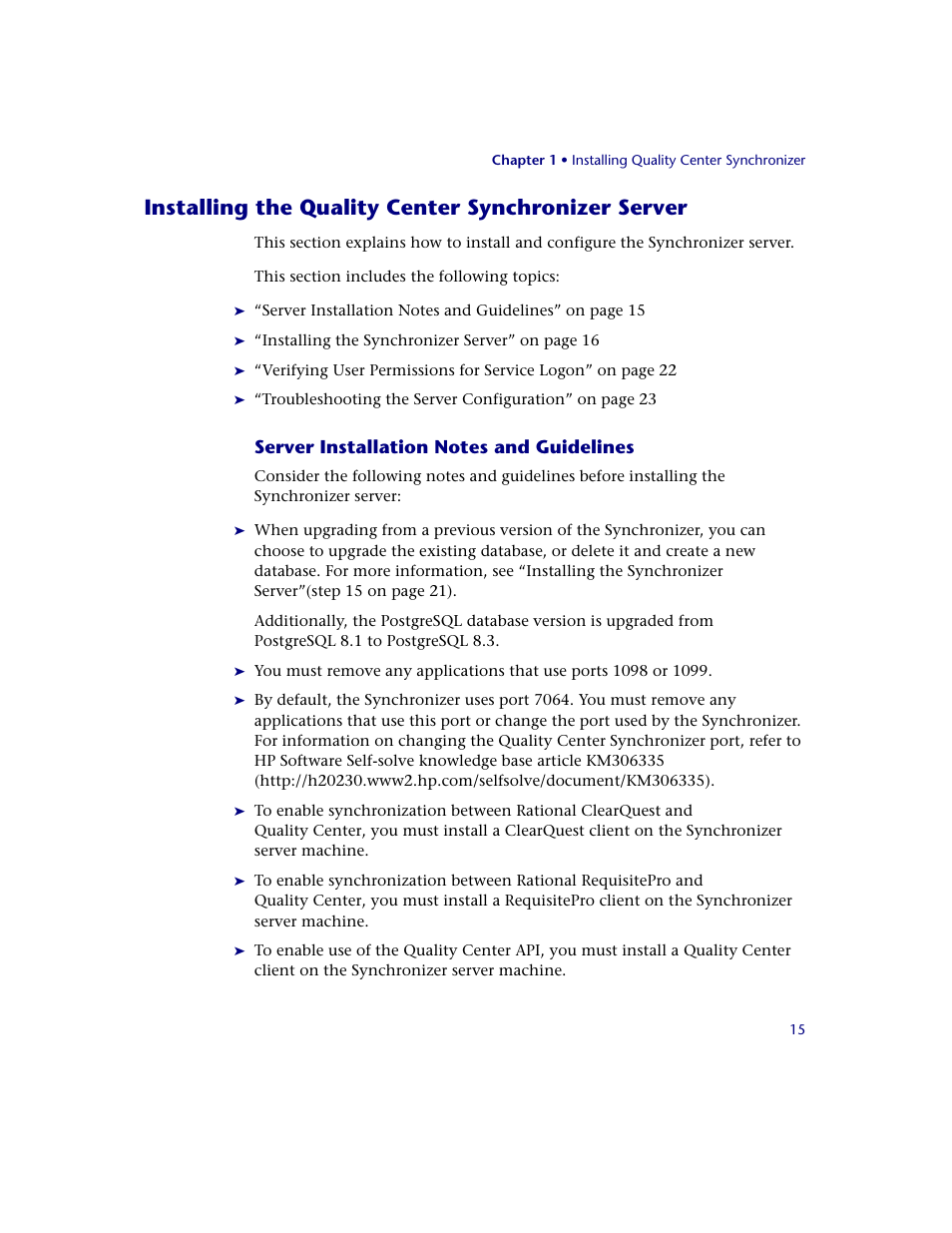 Installing the quality center synchronizer server, Server installation notes and guidelines | HP Quality Center Synchronizer 1.2 User Manual | Page 15 / 130