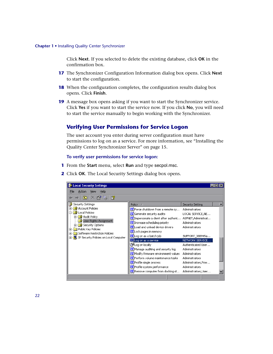 Verifying user permissions for service logon | HP Quality Center Synchronizer 1.2 User Manual | Page 22 / 130