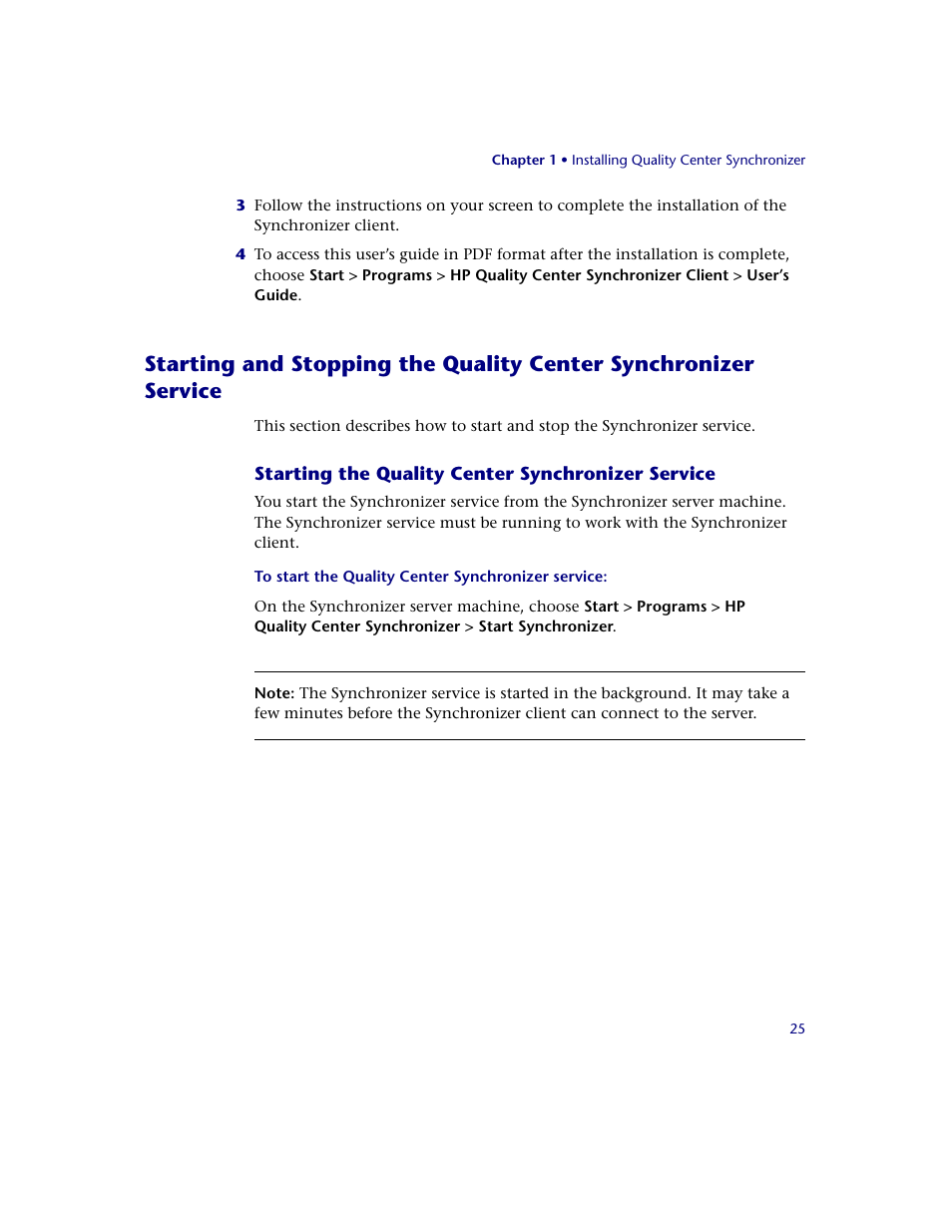 Starting the quality center synchronizer service | HP Quality Center Synchronizer 1.2 User Manual | Page 25 / 130