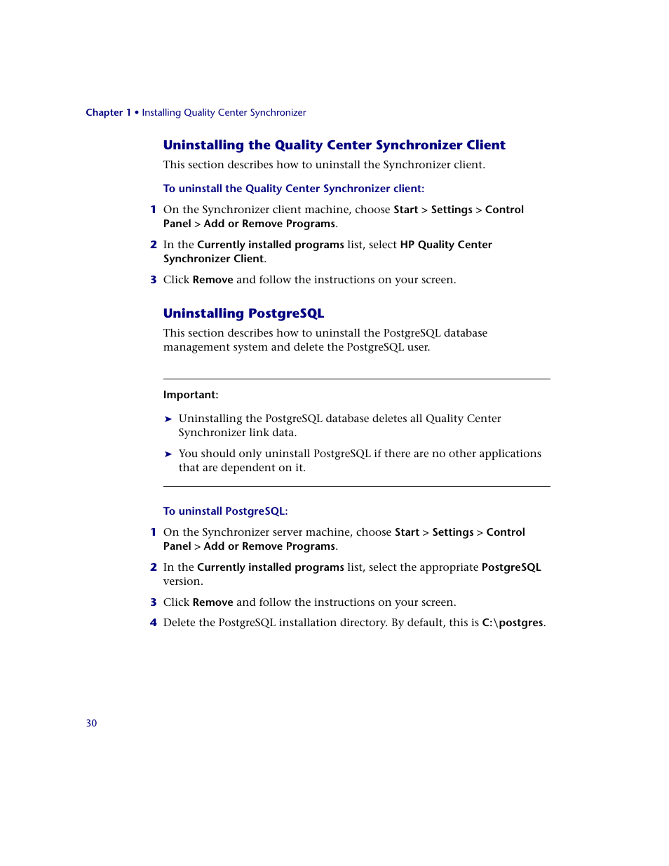 Uninstalling postgresql | HP Quality Center Synchronizer 1.2 User Manual | Page 30 / 130
