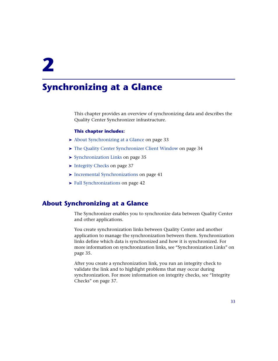 Synchronizing at a glance, About synchronizing at a glance, Chapter 2: synchronizing at a glance | HP Quality Center Synchronizer 1.2 User Manual | Page 33 / 130
