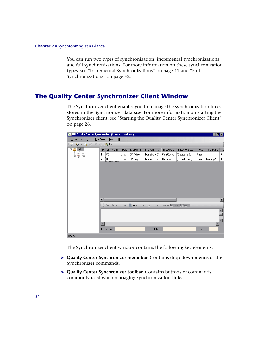 The quality center synchronizer client window | HP Quality Center Synchronizer 1.2 User Manual | Page 34 / 130