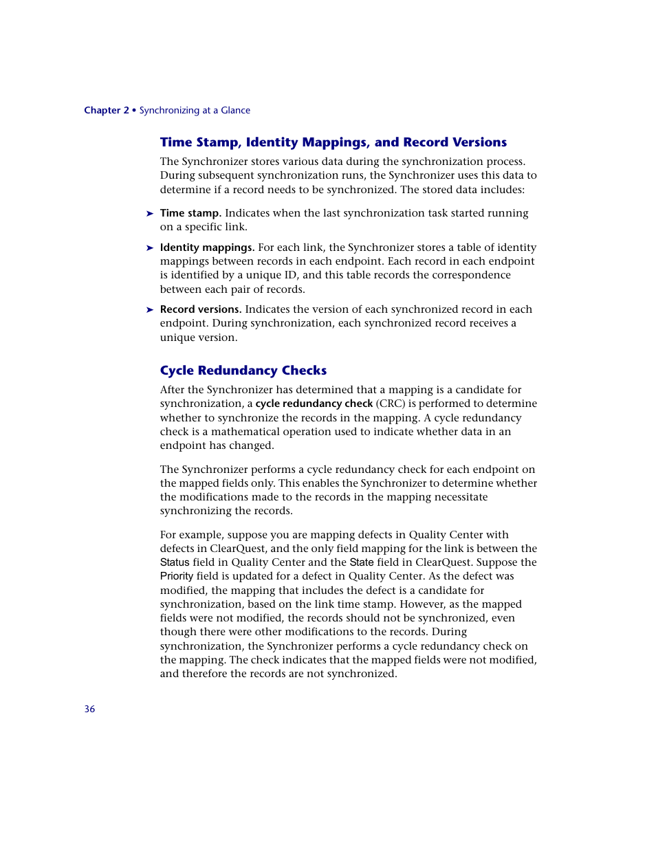 Time stamp, identity mappings, and record versions, Cycle redundancy checks | HP Quality Center Synchronizer 1.2 User Manual | Page 36 / 130