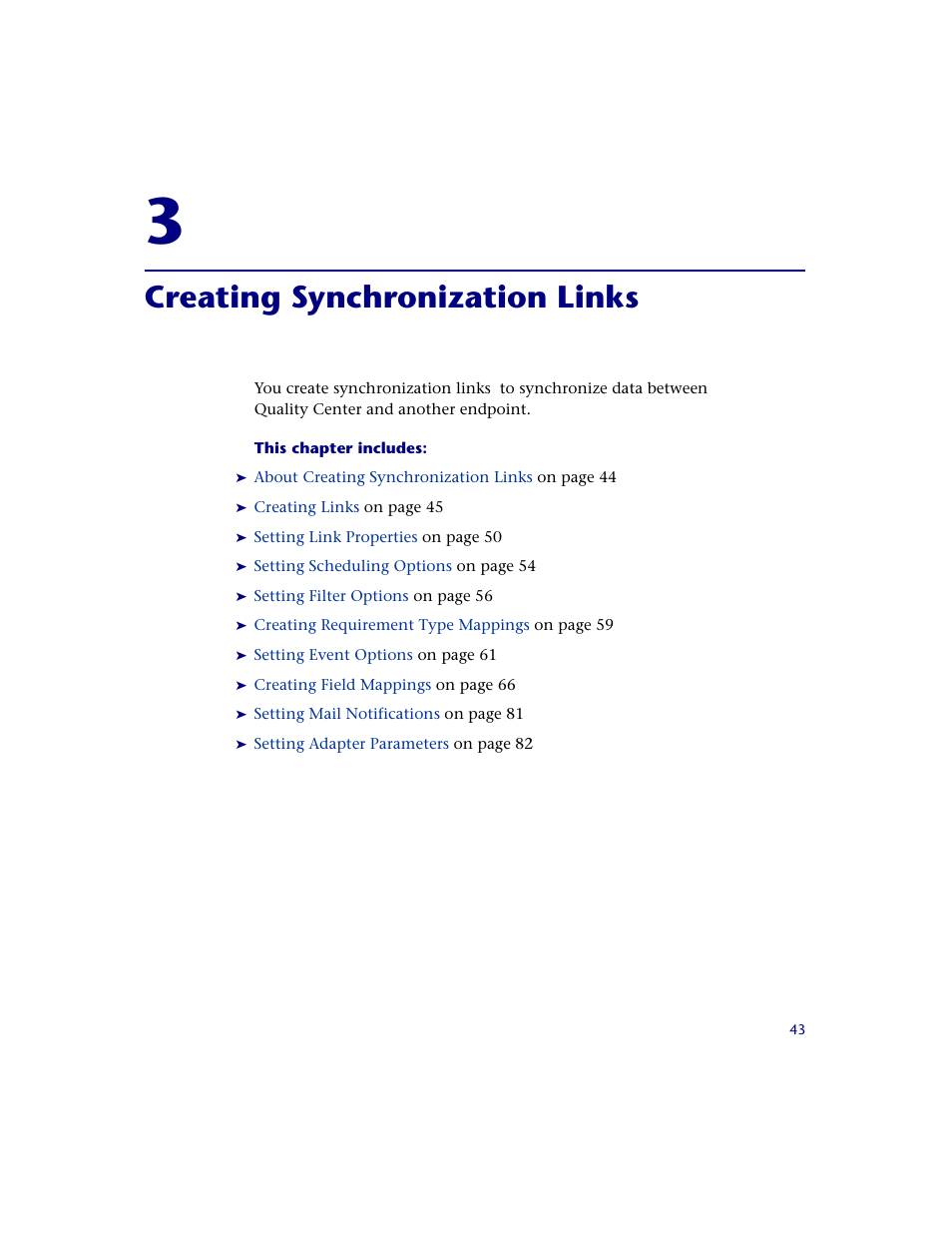 Creating synchronization links, Chapter 3: creating synchronization links | HP Quality Center Synchronizer 1.2 User Manual | Page 43 / 130