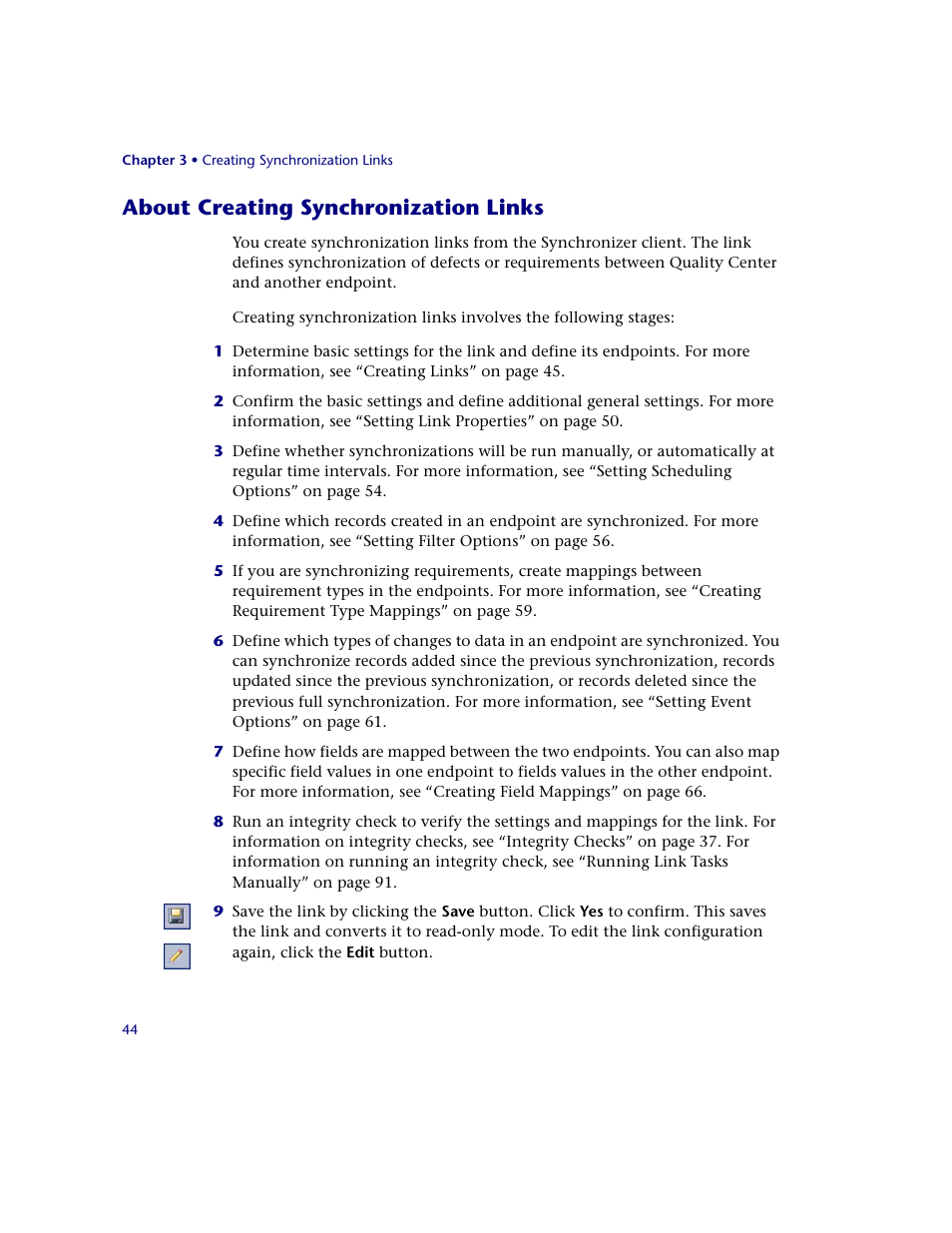 About creating synchronization links | HP Quality Center Synchronizer 1.2 User Manual | Page 44 / 130