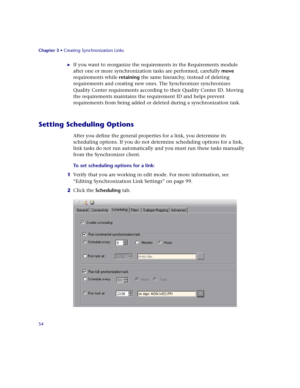 Setting scheduling options | HP Quality Center Synchronizer 1.2 User Manual | Page 54 / 130