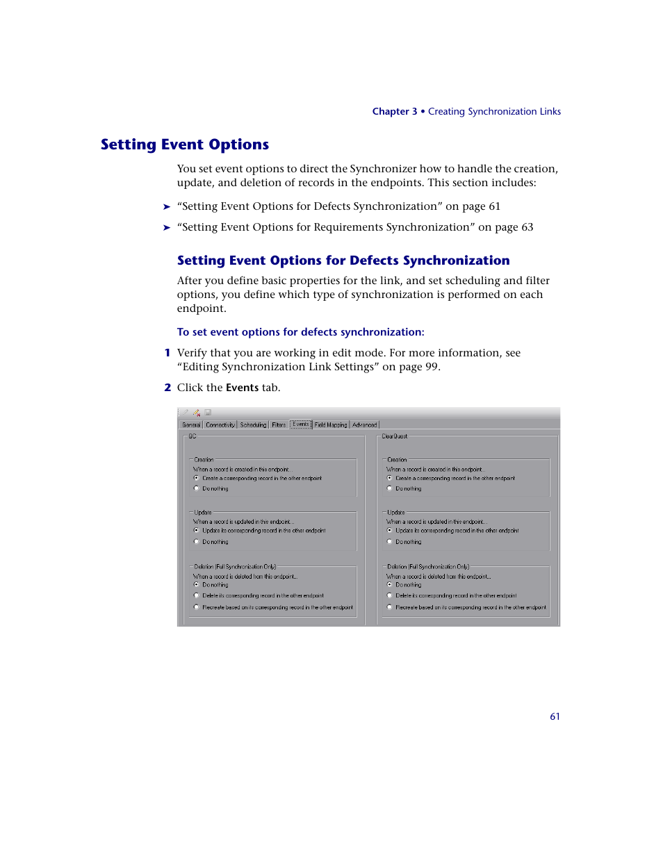 Setting event options, Setting event options for defects synchronization | HP Quality Center Synchronizer 1.2 User Manual | Page 61 / 130