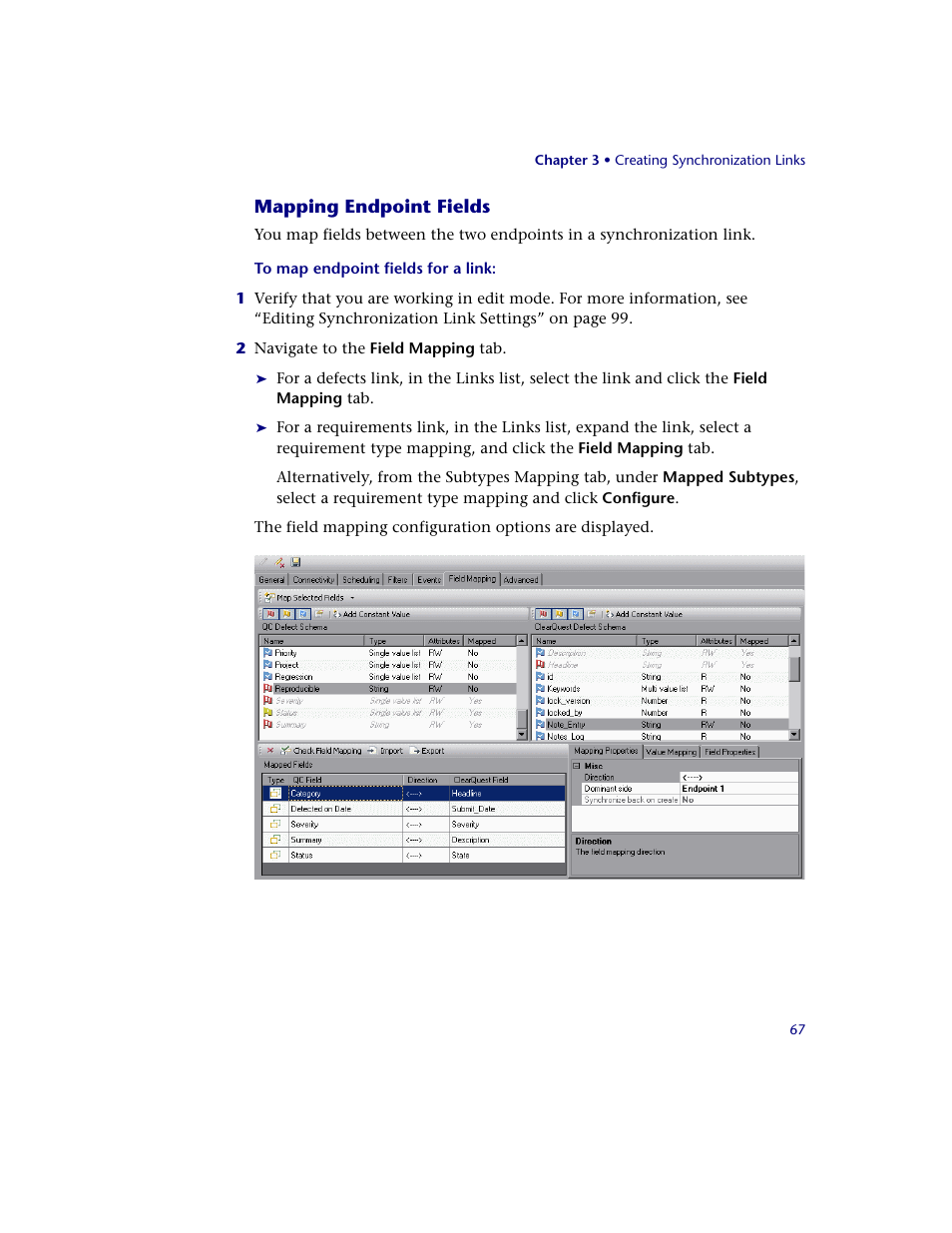 Mapping endpoint fields | HP Quality Center Synchronizer 1.2 User Manual | Page 67 / 130