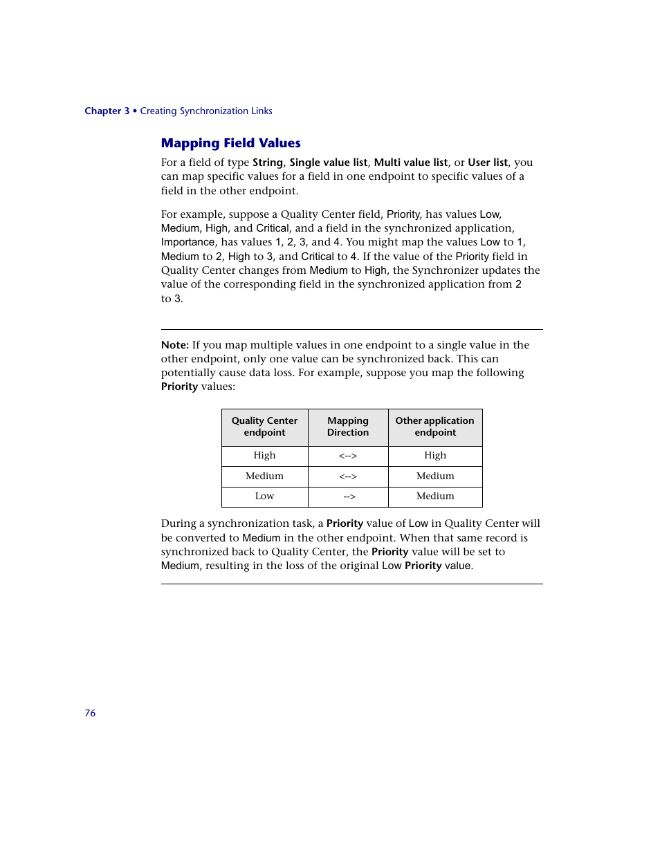 Mapping field values | HP Quality Center Synchronizer 1.2 User Manual | Page 76 / 130