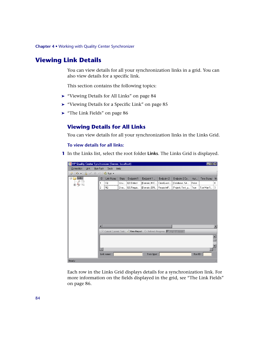 Viewing link details, Viewing details for all links | HP Quality Center Synchronizer 1.2 User Manual | Page 84 / 130