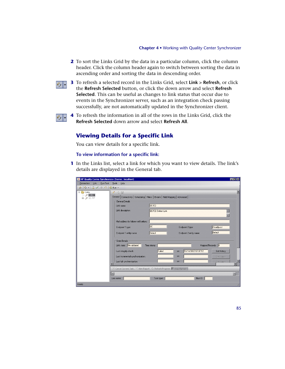 Viewing details for a specific link | HP Quality Center Synchronizer 1.2 User Manual | Page 85 / 130
