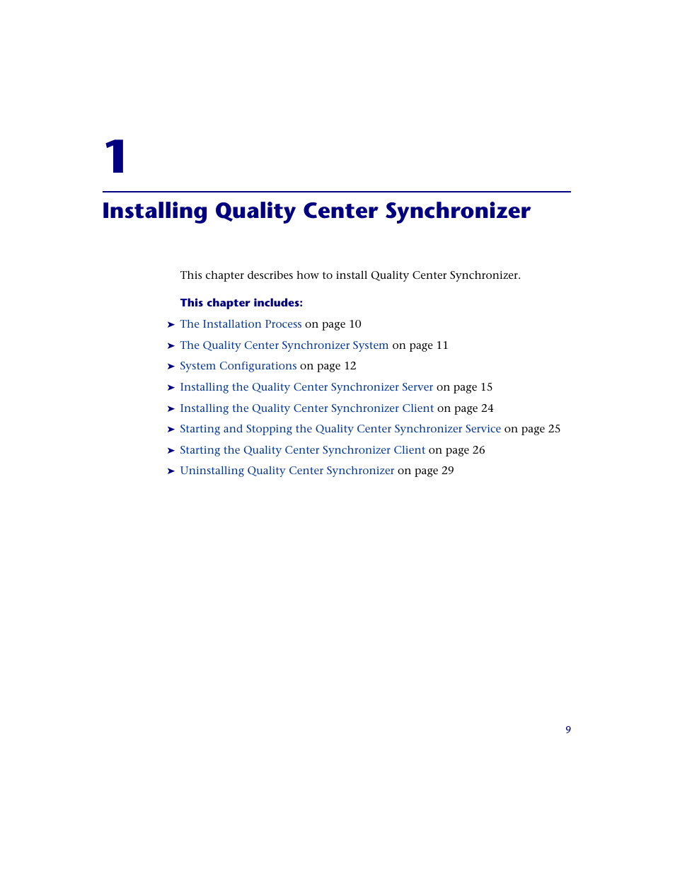 Installing quality center synchronizer, Chapter 1: installing quality center synchronizer | HP Quality Center Synchronizer 1.2 User Manual | Page 9 / 130