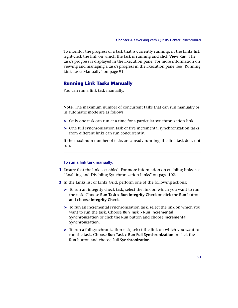 Running link tasks manually | HP Quality Center Synchronizer 1.2 User Manual | Page 91 / 130