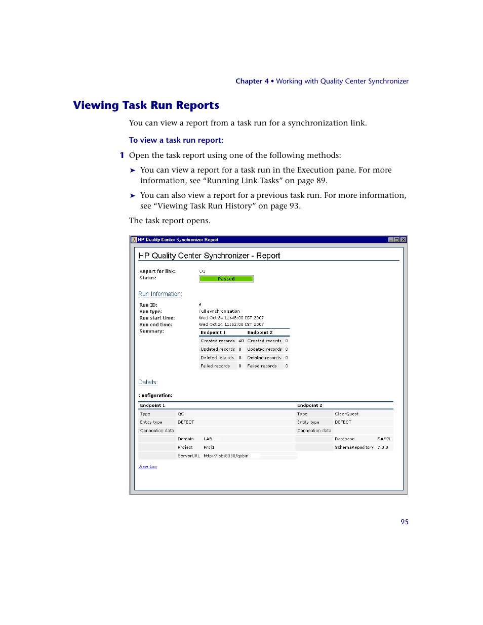 Viewing task run reports | HP Quality Center Synchronizer 1.2 User Manual | Page 95 / 130