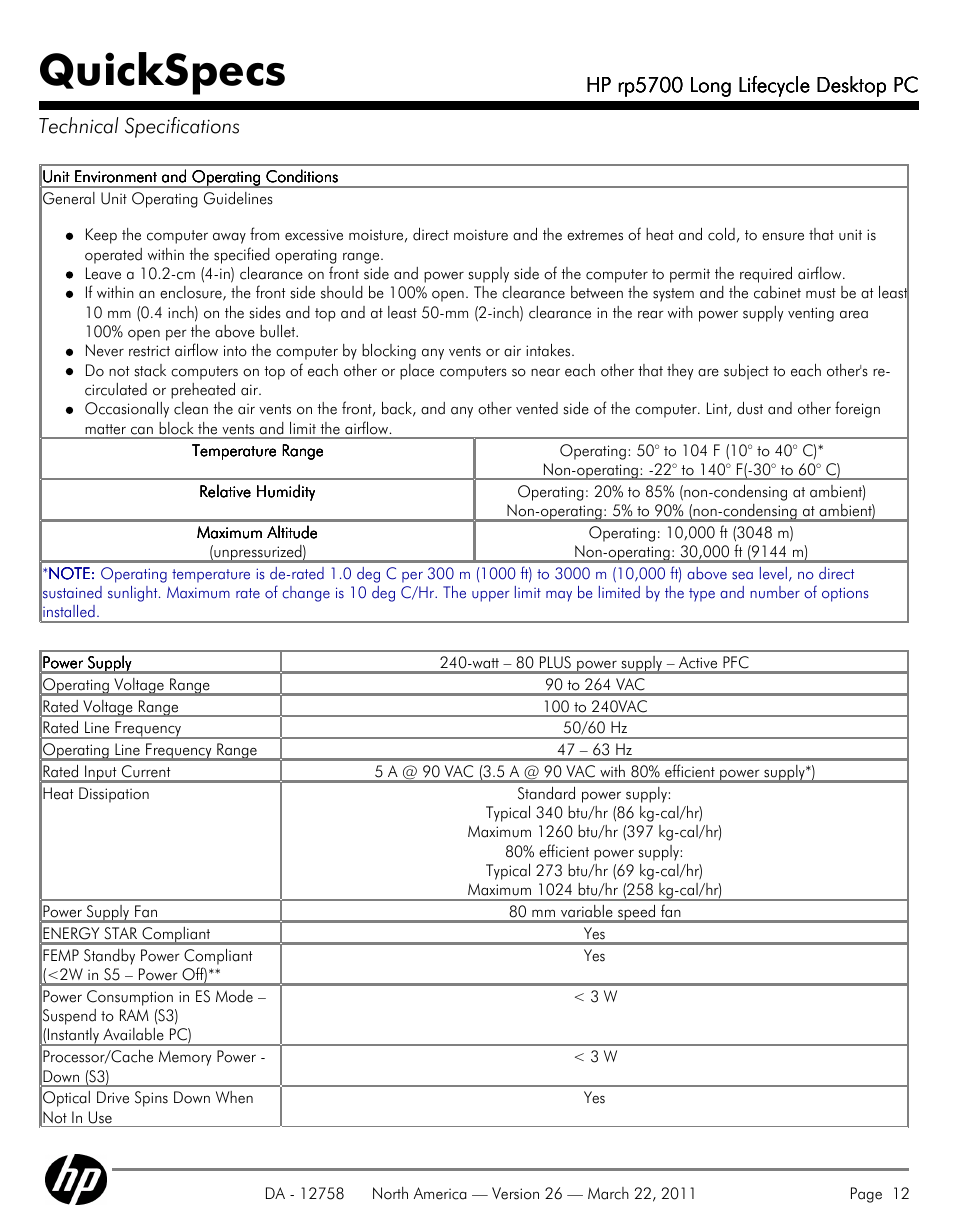 Technical specifications, Quickspecs | HP rp5700 User Manual | Page 12 / 38