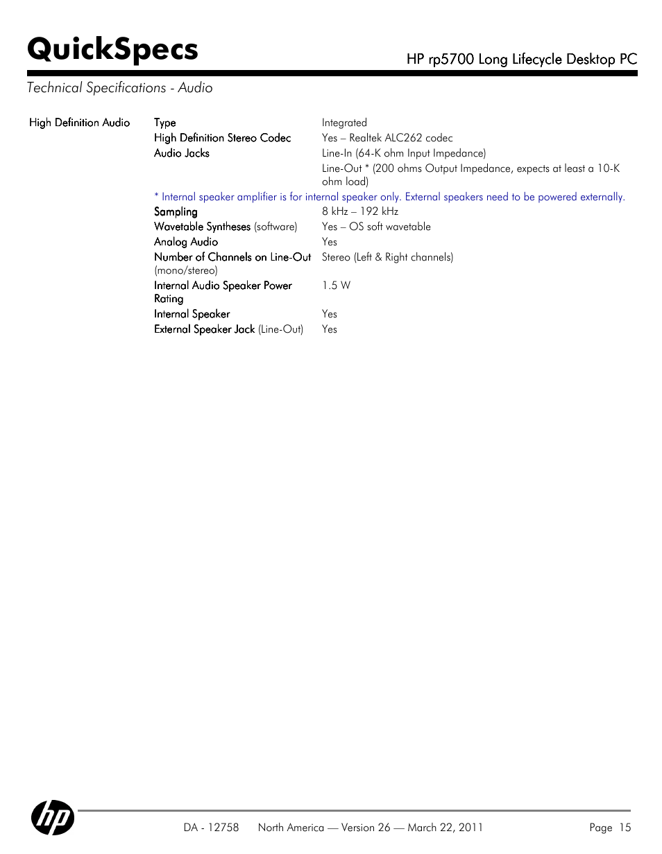 Technical specifications - audio, Quickspecs | HP rp5700 User Manual | Page 15 / 38